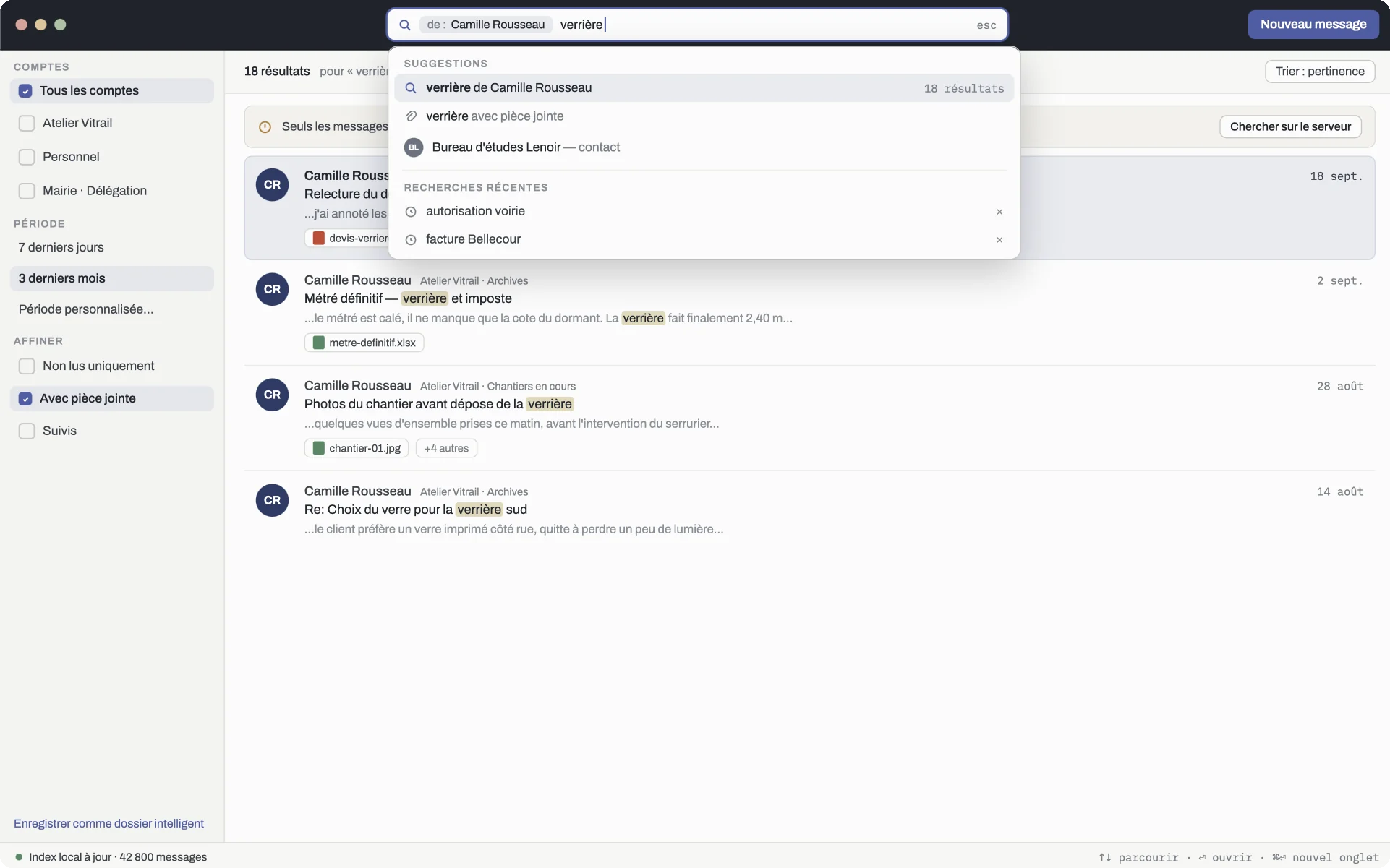 La recherche de Vistward : filtres par compte et par période à gauche, suggestions et résultats avec les termes surlignés.