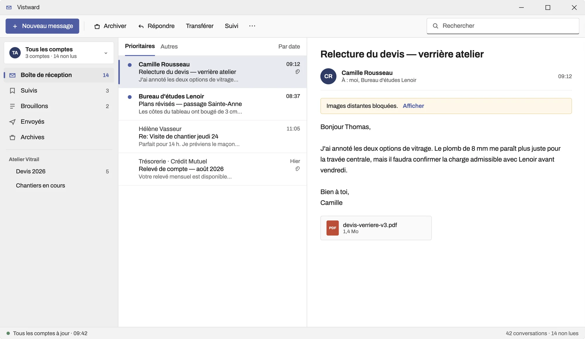 Maquette de Vistward pour Windows 11 : barre de commandes, volet de navigation et onglets Prioritaires et Autres.